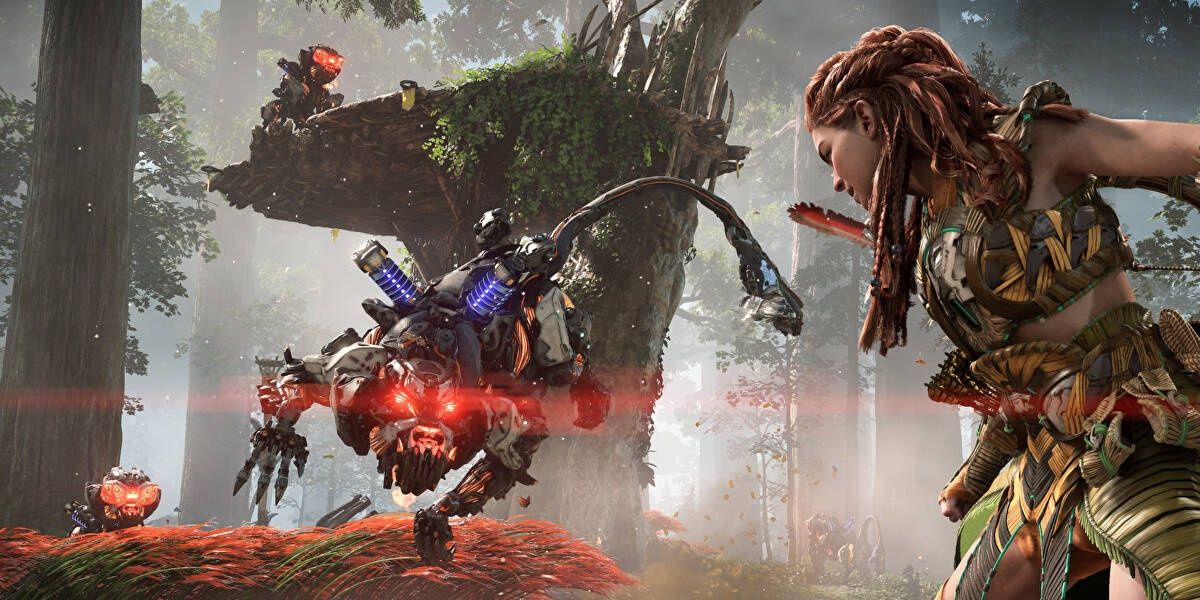 horizon forbidden west aloy being attacked by multipule robots 