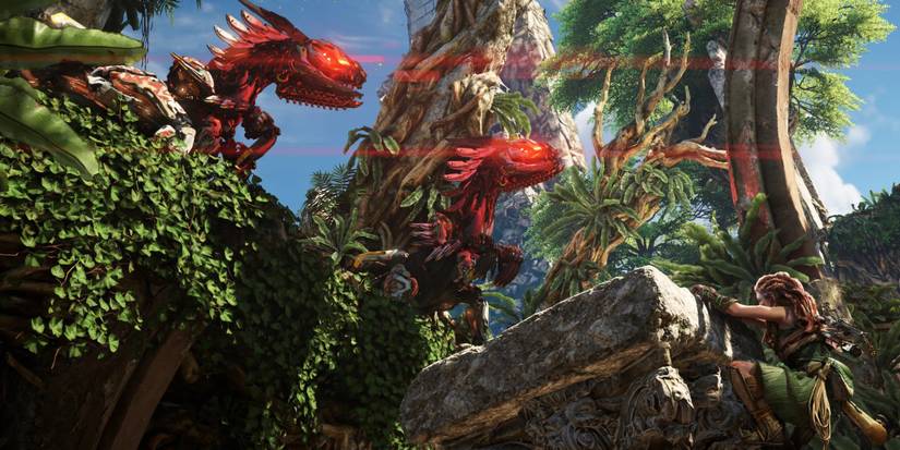 horizon forbidden west aloy climbing with robots overlooking the cliff 