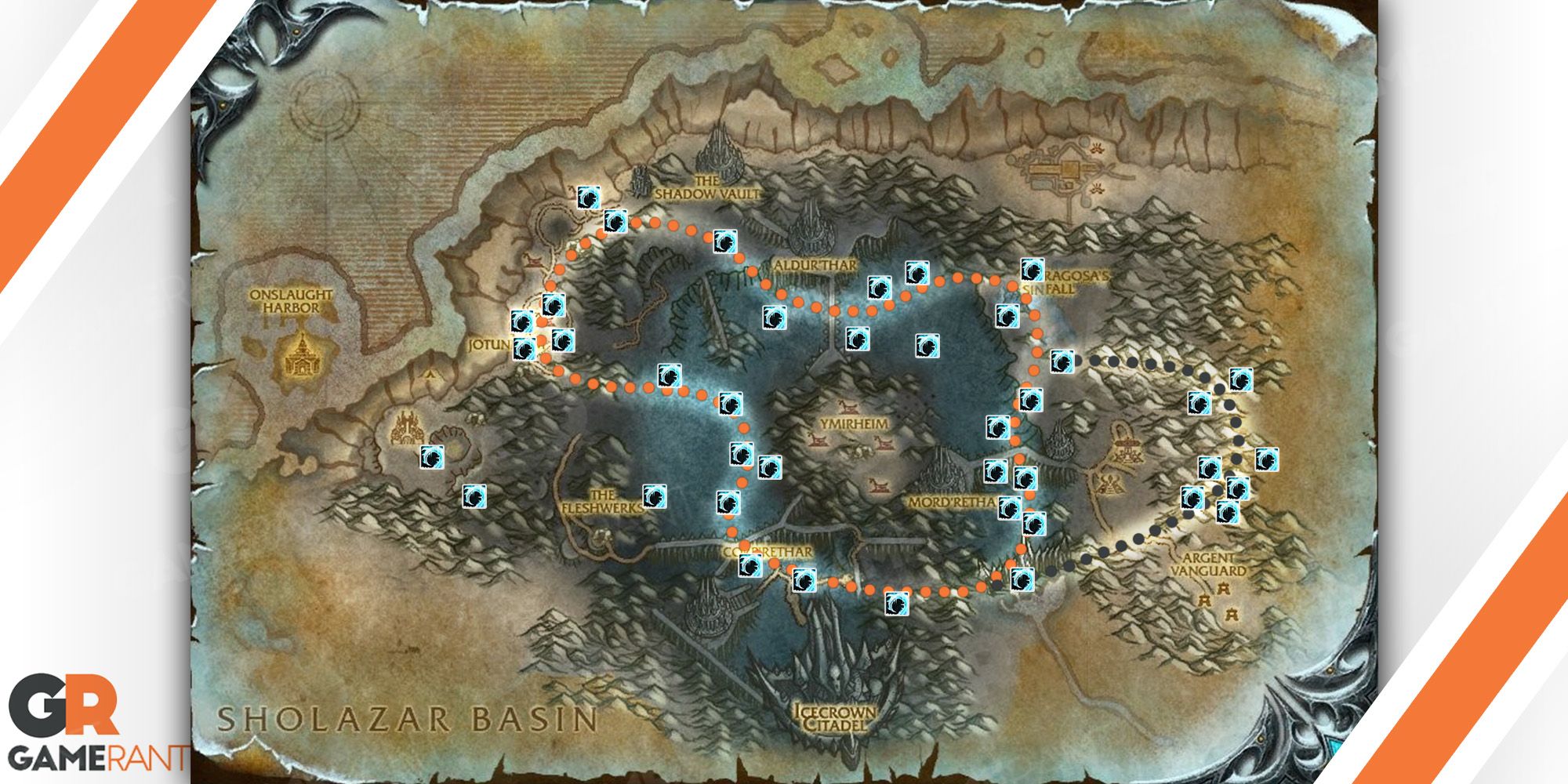 screenshot of the icecrown zone map showing farming route for icethorn in wow wotlk classic wrath