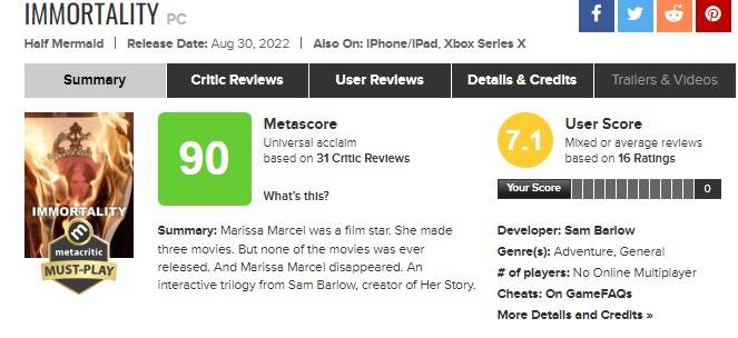 immortality metacritic score