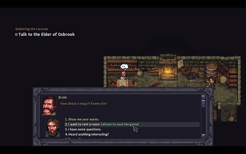 The innkeeper offers an option to rent a room where the player can save their game.