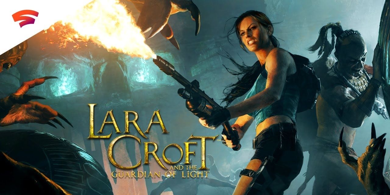 Lara Croft fires a flamethrower at a creature with Totec behind her