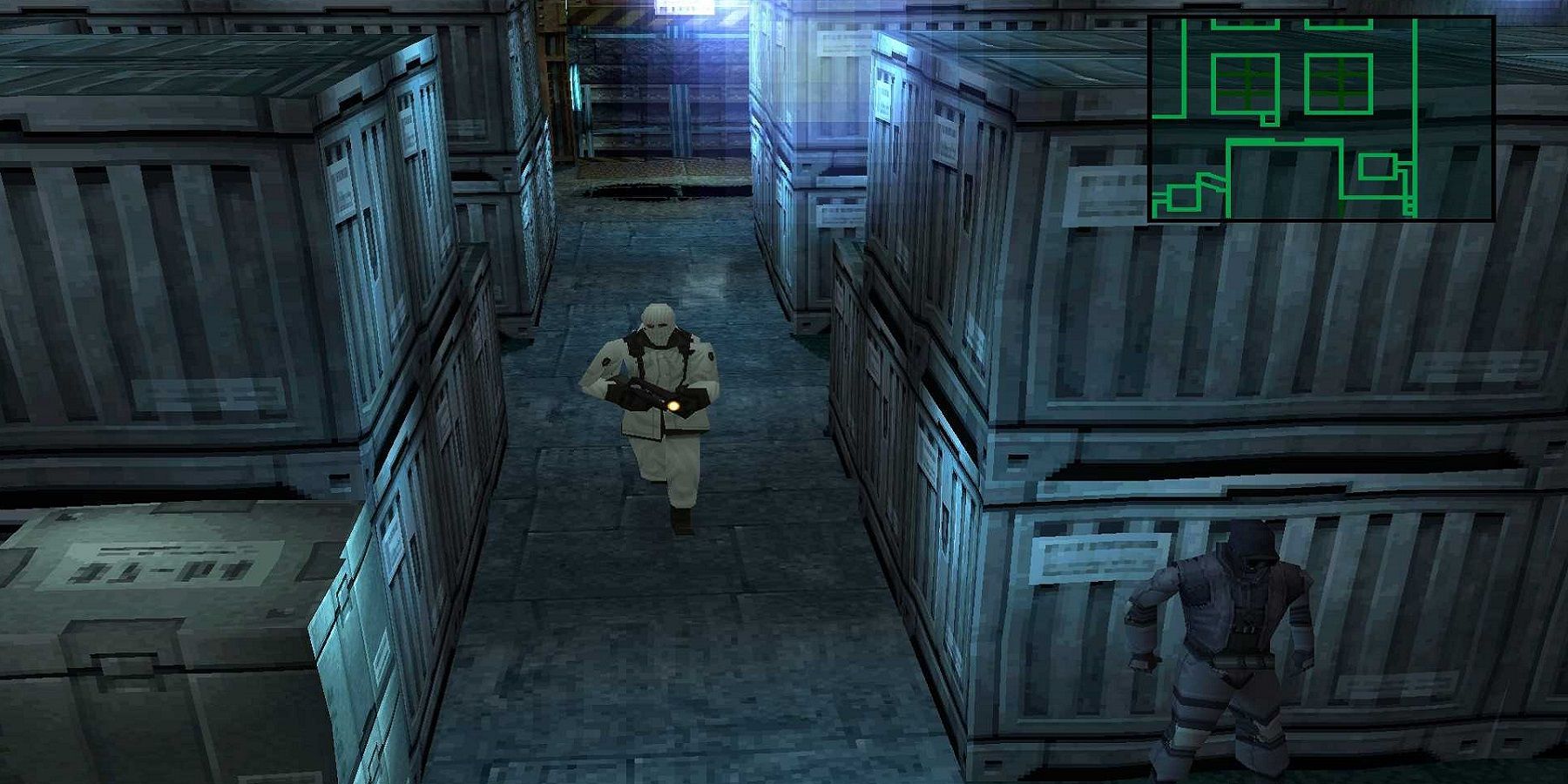Image from Metal Gear Solid showing Solid Snake hiding from a patrolling guard.