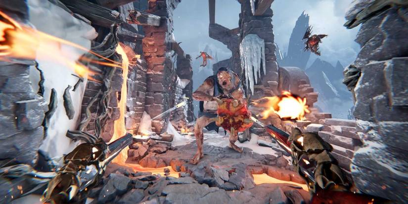 metal hellsinger players shooting at a few enemies 