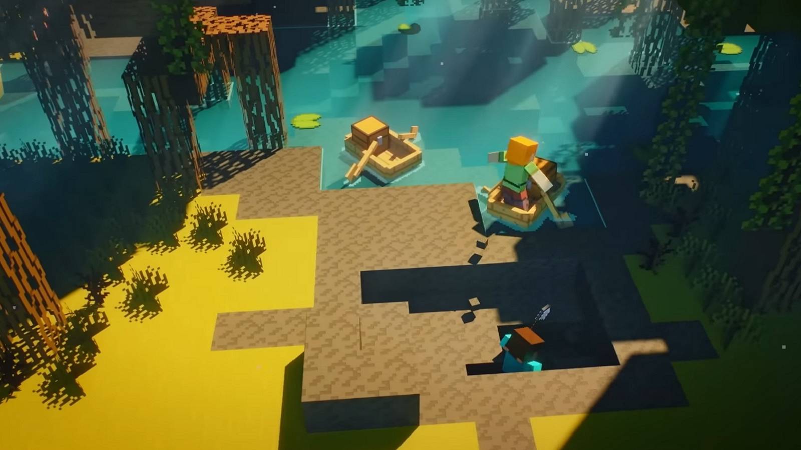 Image from Minecraft showing Steve digging a hole while Alex gets into a boat.