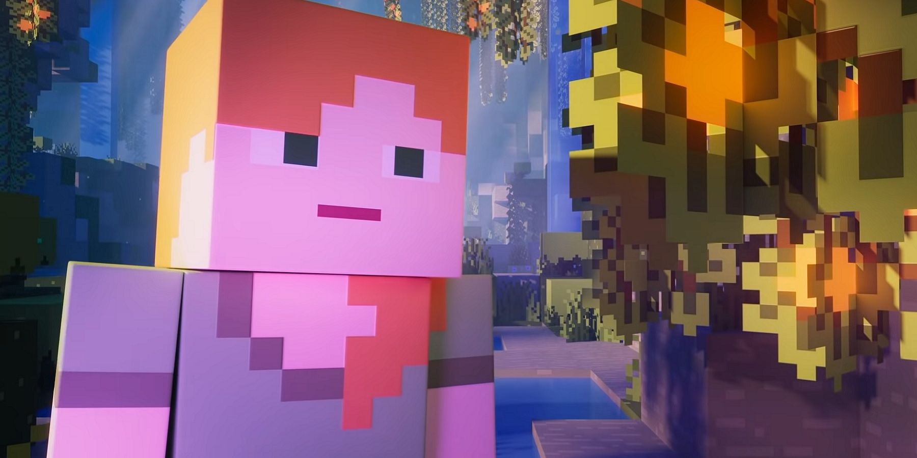 Image from Minecraft showing Alex staring off-screen at something that's glowing pink.