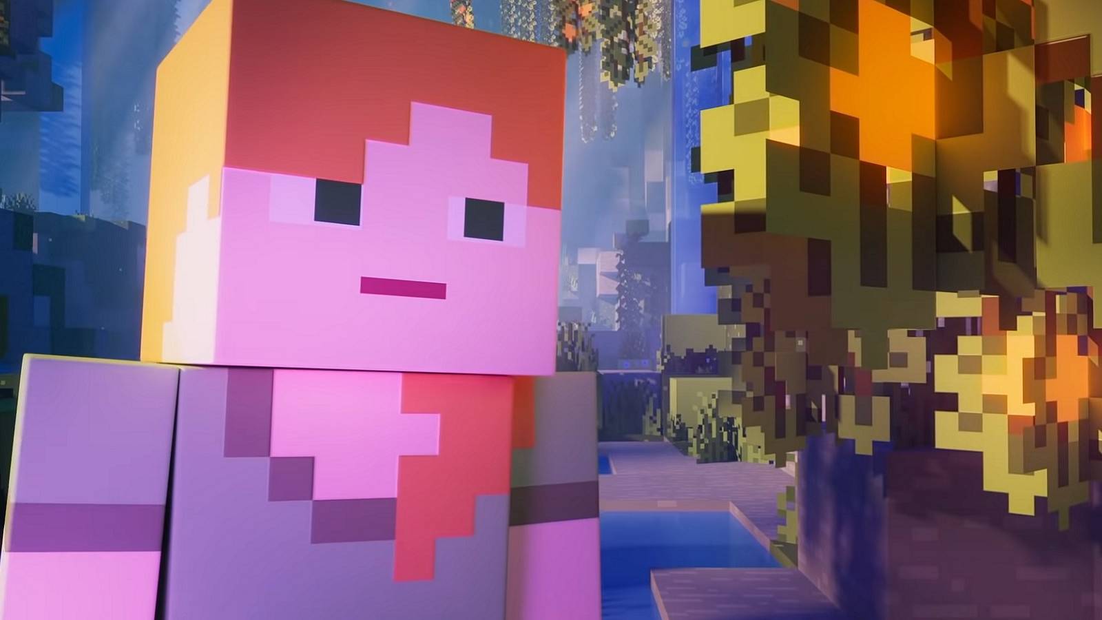 Image from Minecraft showing Alex staring off-screen at something that's glowing pink.