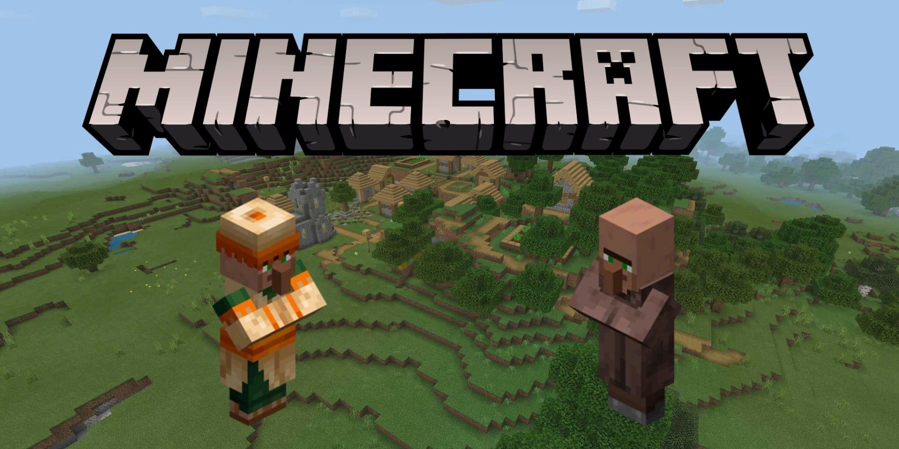 minecraft logo and villagers