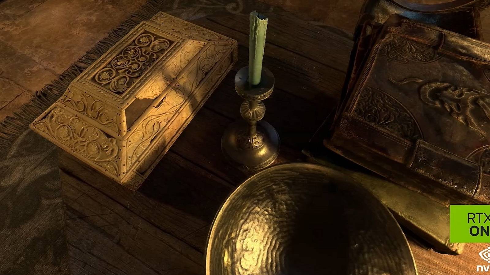 Image from Morrowind showing high detailed textures on a candle and treasure box.