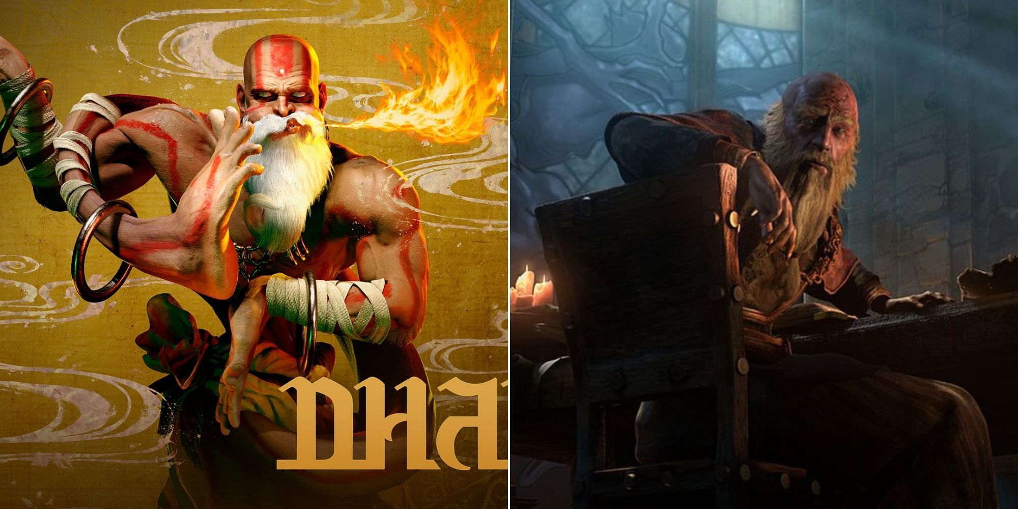 collage image of dhalsim from street fighter and deckard cain from the diablo series