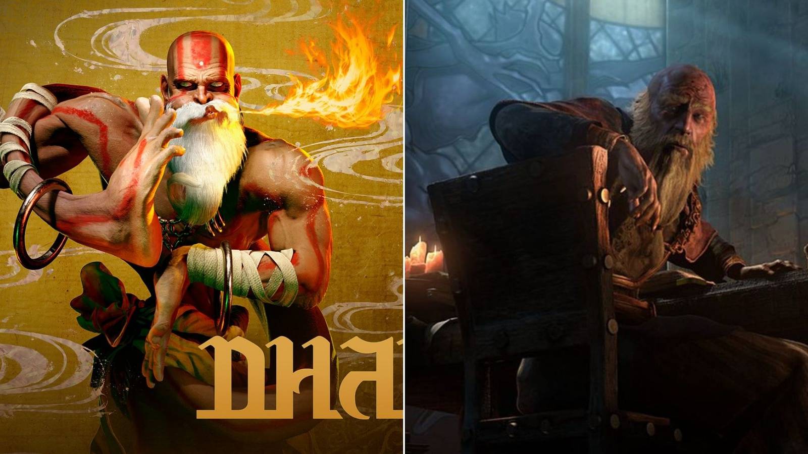 collage image of dhalsim from street fighter and deckard cain from the diablo series
