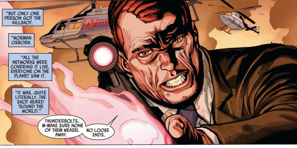 Norman Osborn with a gun talking about lightning