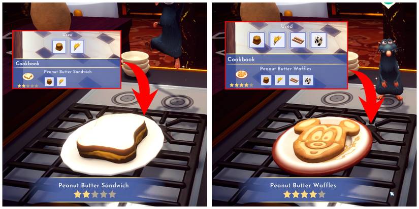 peanut butter sandwich and peanut butter waffles in disney dreamlight valley