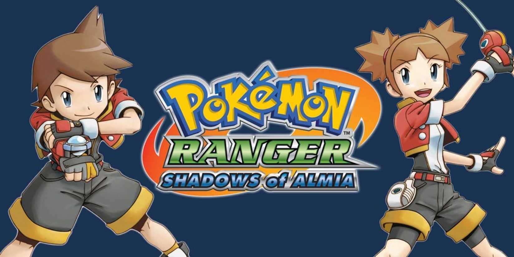 Pokemon ranger shadows of almia logo and two rangers using the capture stylus. 