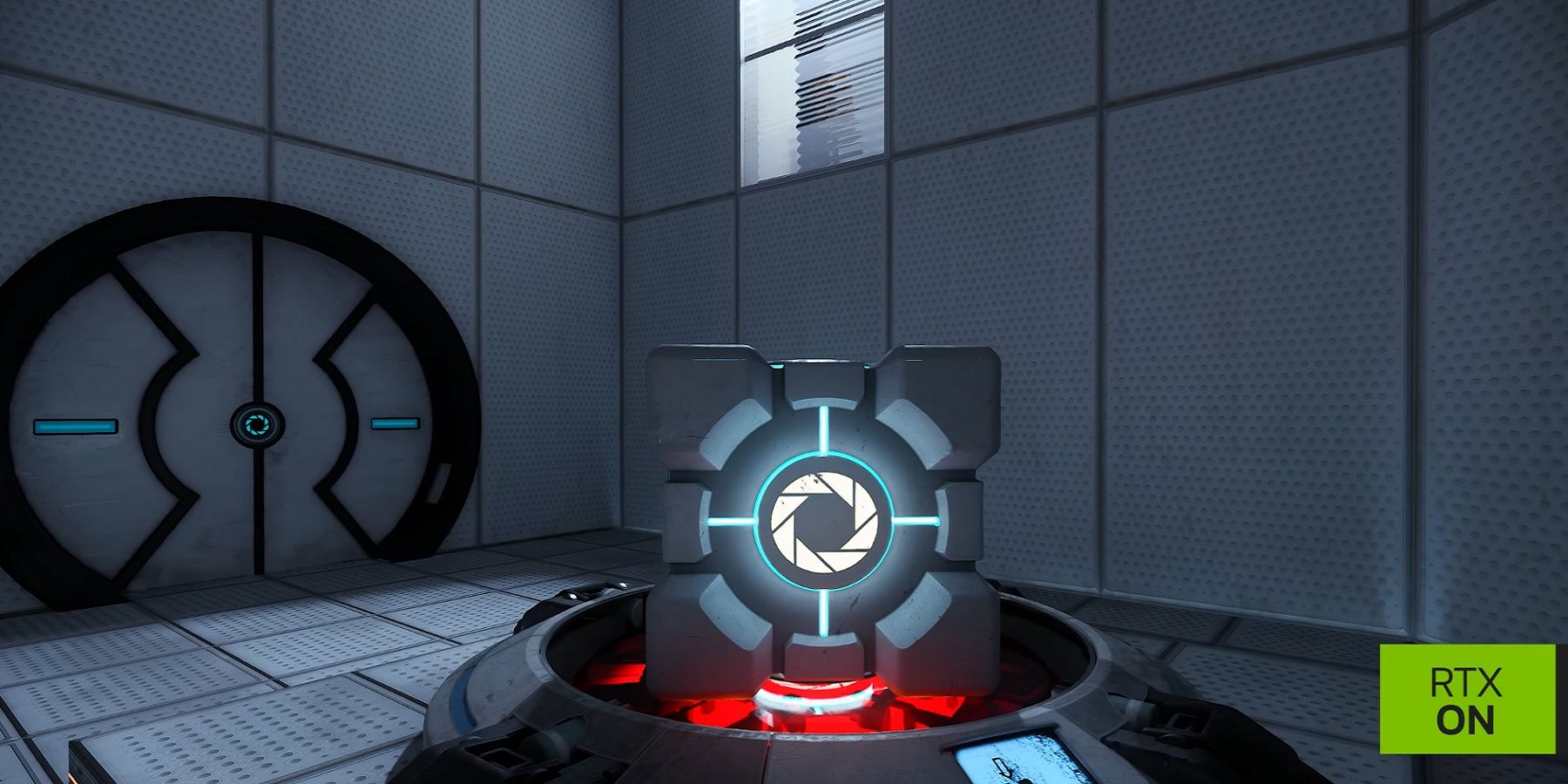 Image from the RTX build of Portal showing a cube on a a button.
