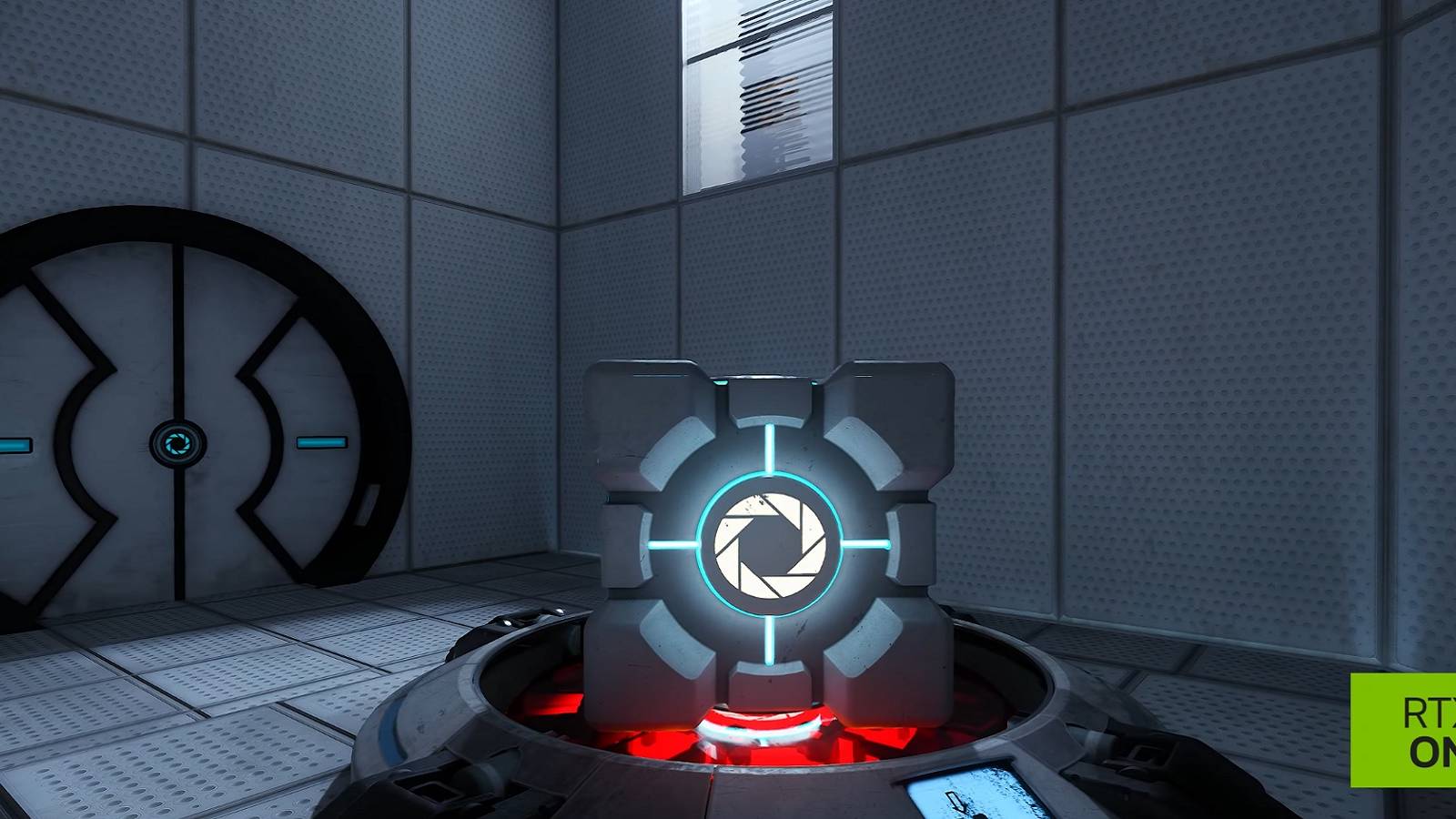 Image from the RTX build of Portal showing a cube on a a button.