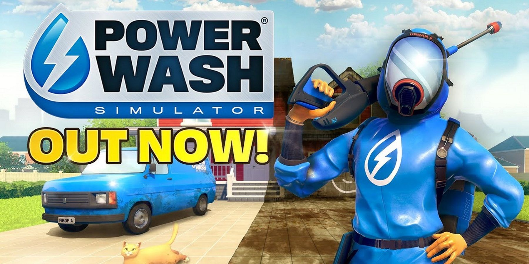 Image from PowerWash Simulator showing the main character in front of a half clean house.