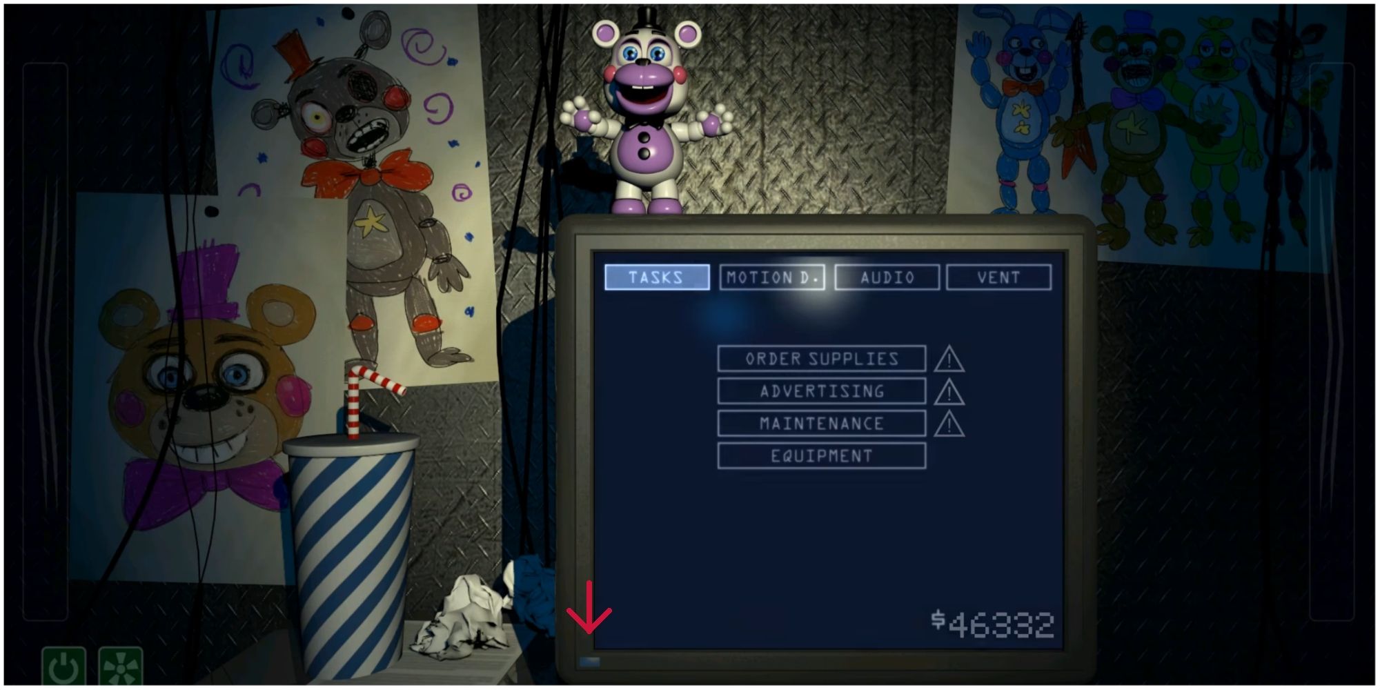 FNAF 6 office with arrow showing blue button on bottom-left side of monitor with an arrow pointed at it to it