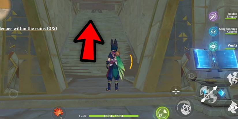 proceed deeper within the ruins in the secret of al-ahmar quest in genshin impact