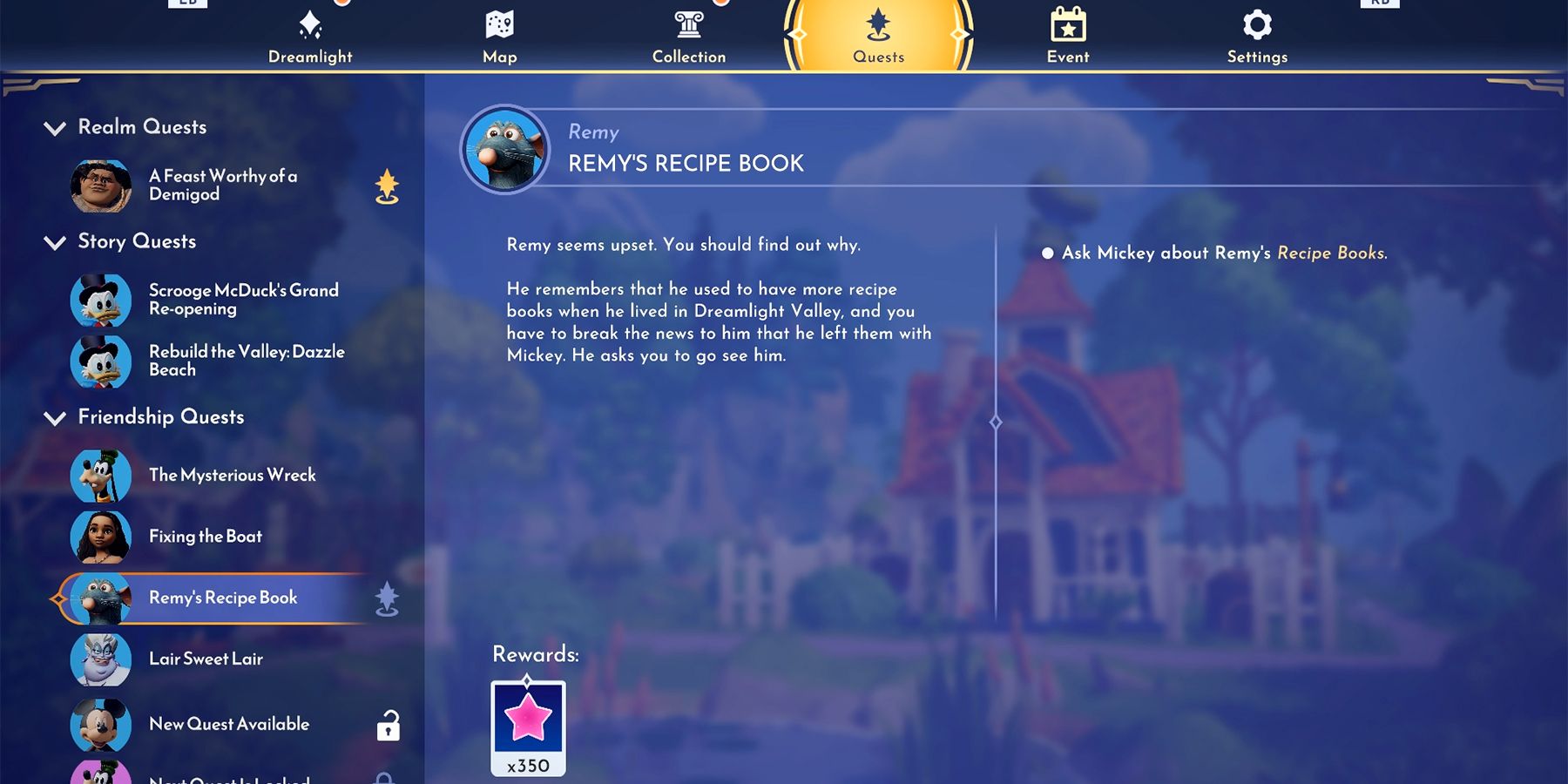 remy recipe book Quest in disney dreamlight valley