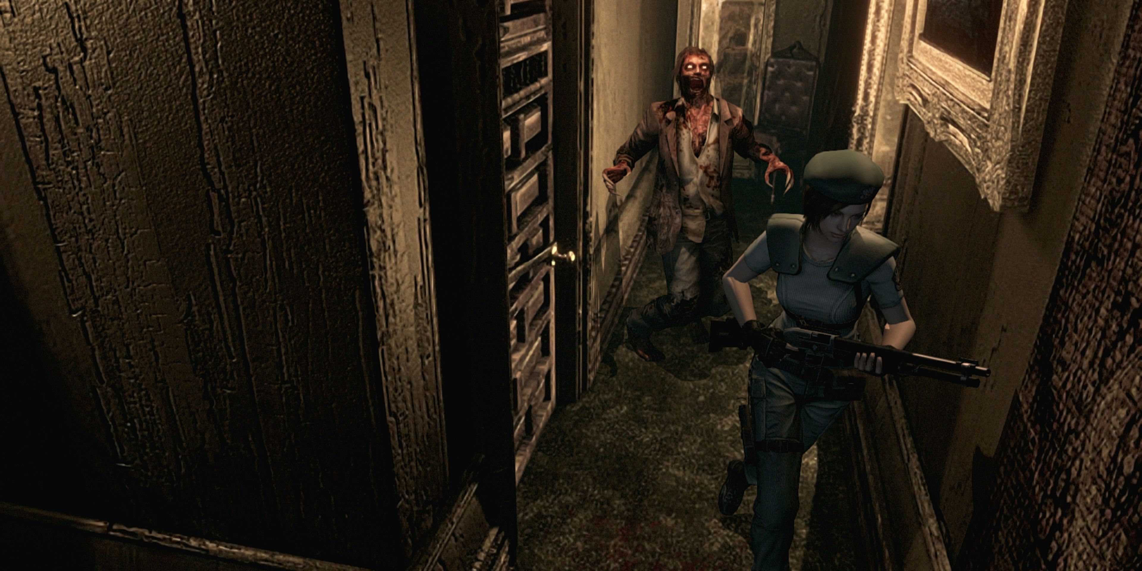 Jill Valentine running away from a Crimson Head through a hallway