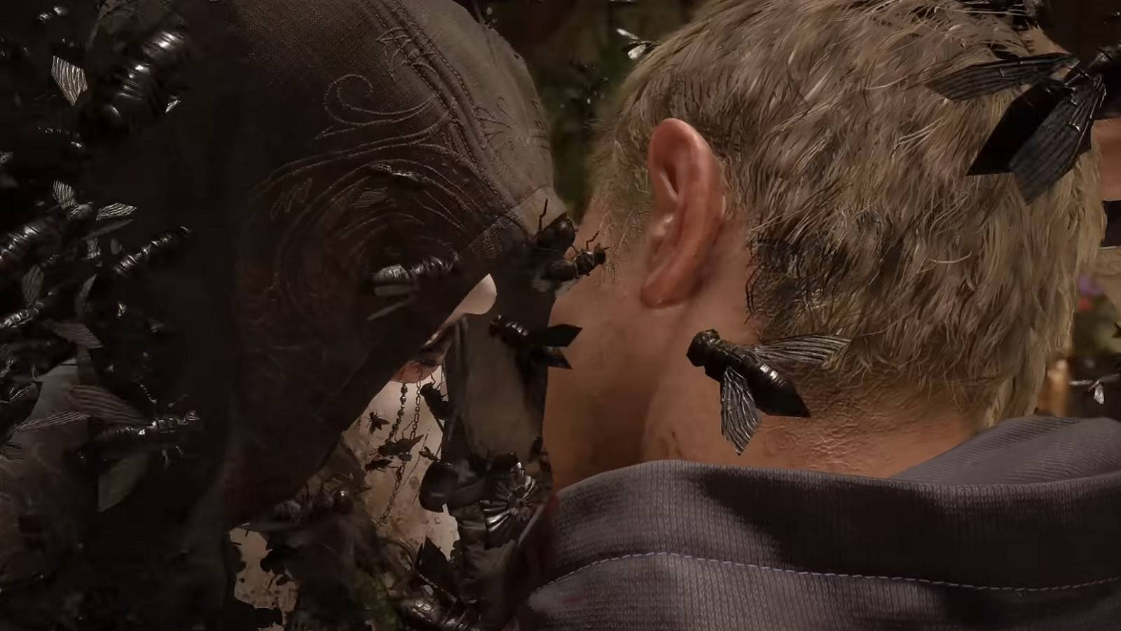 Image from Resident Evil Village showing the side of Ethan's face as he's about to bitten by one of the Dimitrescu sisters.