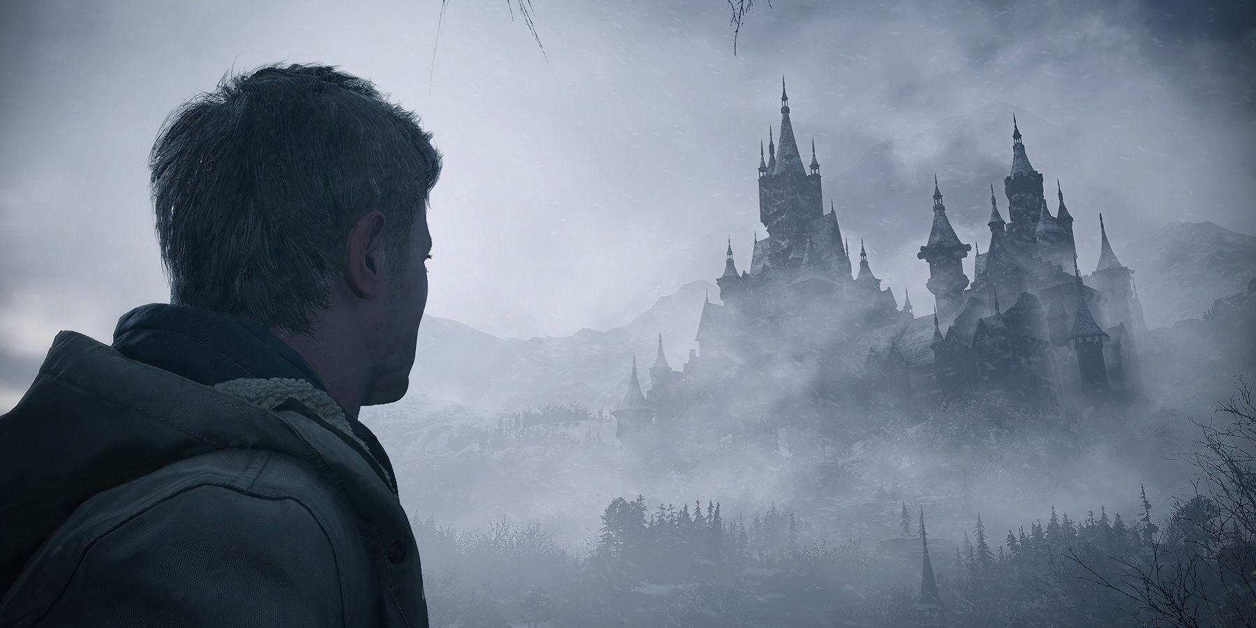 Image from Resident Evil Village showing Ethan Winters looking into the distance at Castle Dimitrescu.