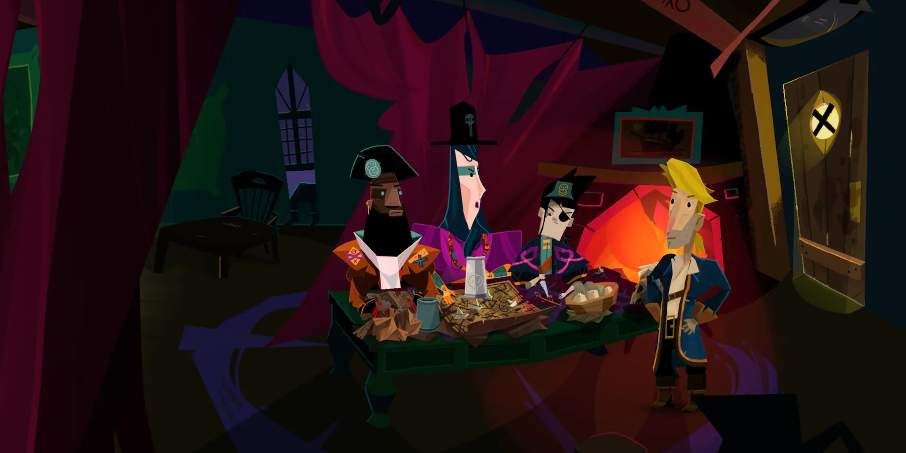 Image from the upcoming Return to Monkey Island showing Guybrush Threepwood in a dark room with some other pirates.