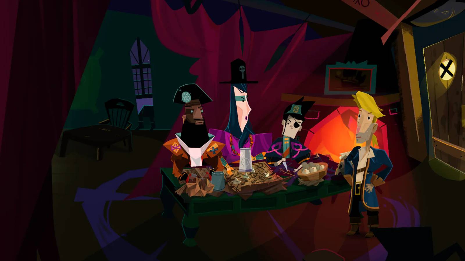 Image from the upcoming Return to Monkey Island showing Guybrush Threepwood in a dark room with some other pirates.