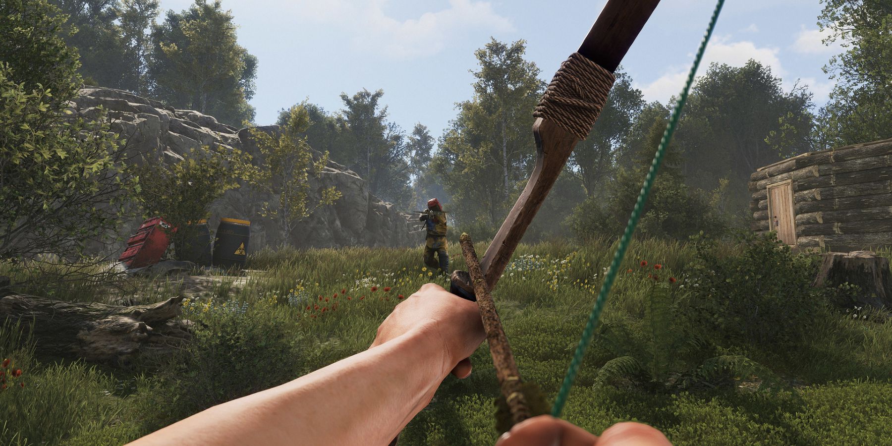 Screenshot from Rust showing the player about to fire an arrow at another player.