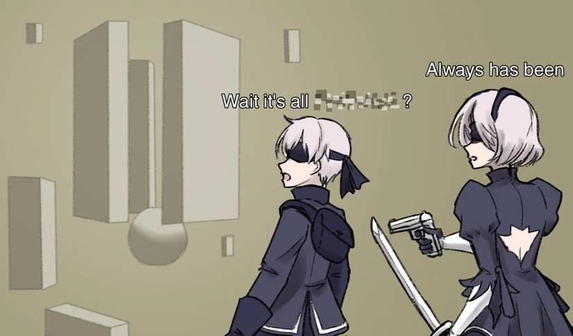 2B aims a gun at 9S in NieR: Automata
