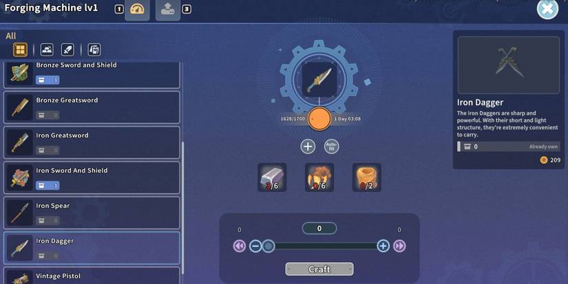 Iron Dagger crafting menu from My Time at Sandrock