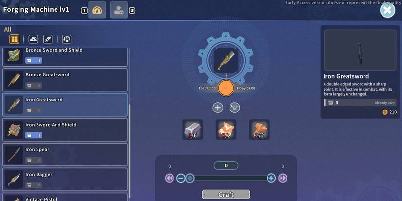 Iron Greatsword crafting menu from My Time at Sandrock