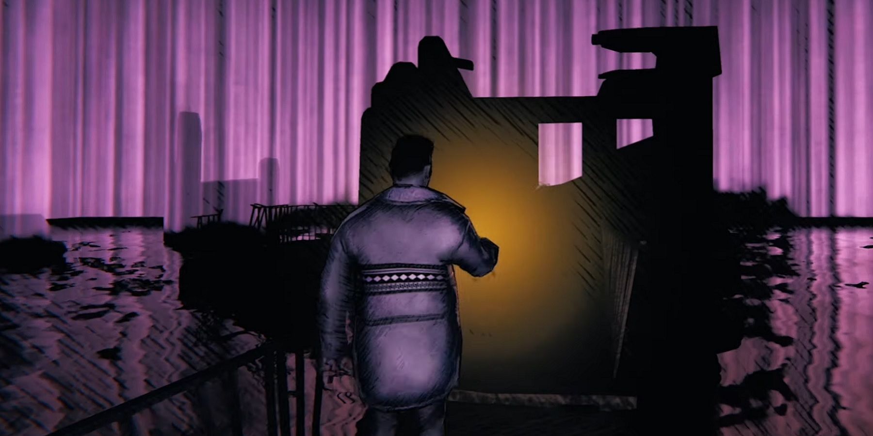 Изображение из инди-игры ужасов Saturnalia, показывающее персонажа, идущего по пурпурному ландшафту.