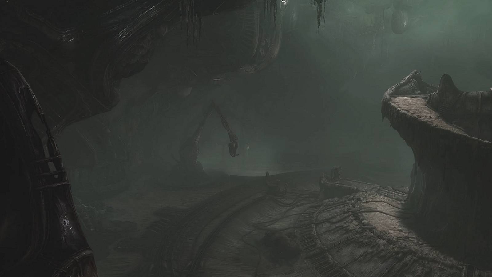 Image from horror game Scorn showing the dark H R Giger-esque interior.