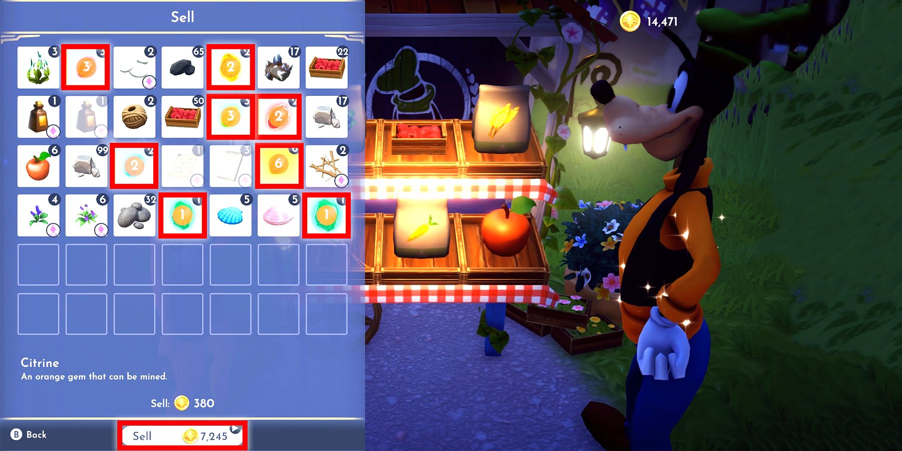 selling gems at goofy’s stall in disney dreamlight valley