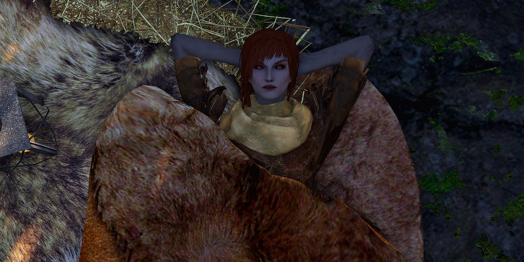 Изображение из Skyrim, показывающее персонажа, удобно лежащего в скатке.