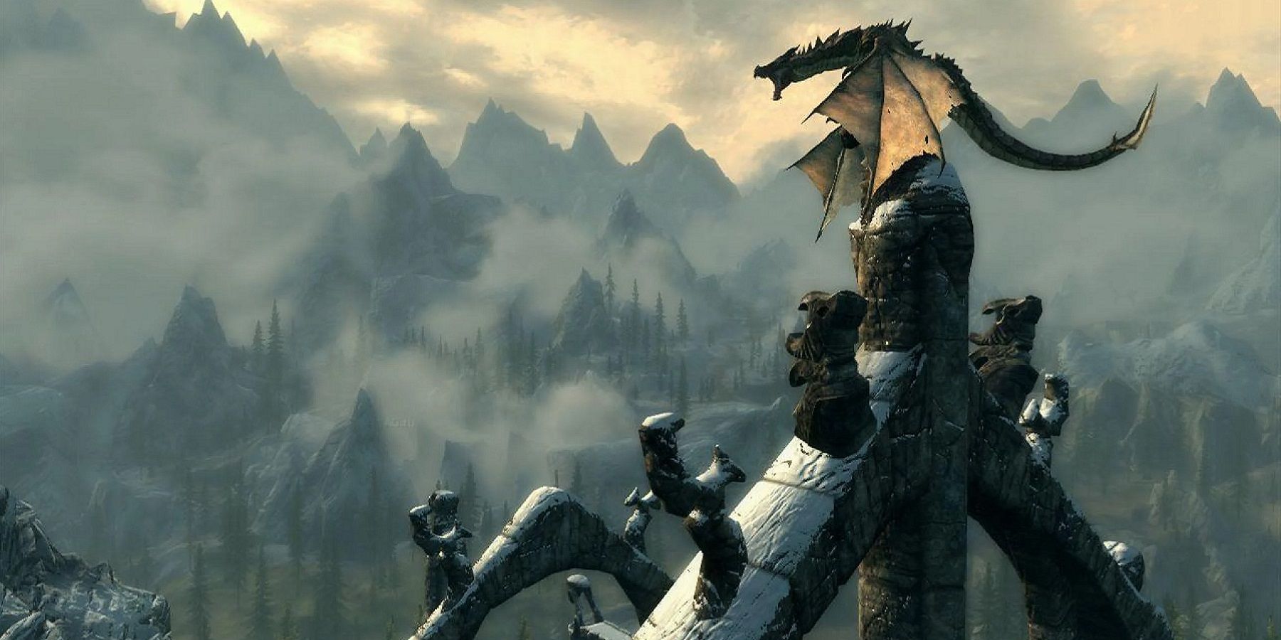 Image from Skyrim showing a dragon on top of a snow-covered structure.