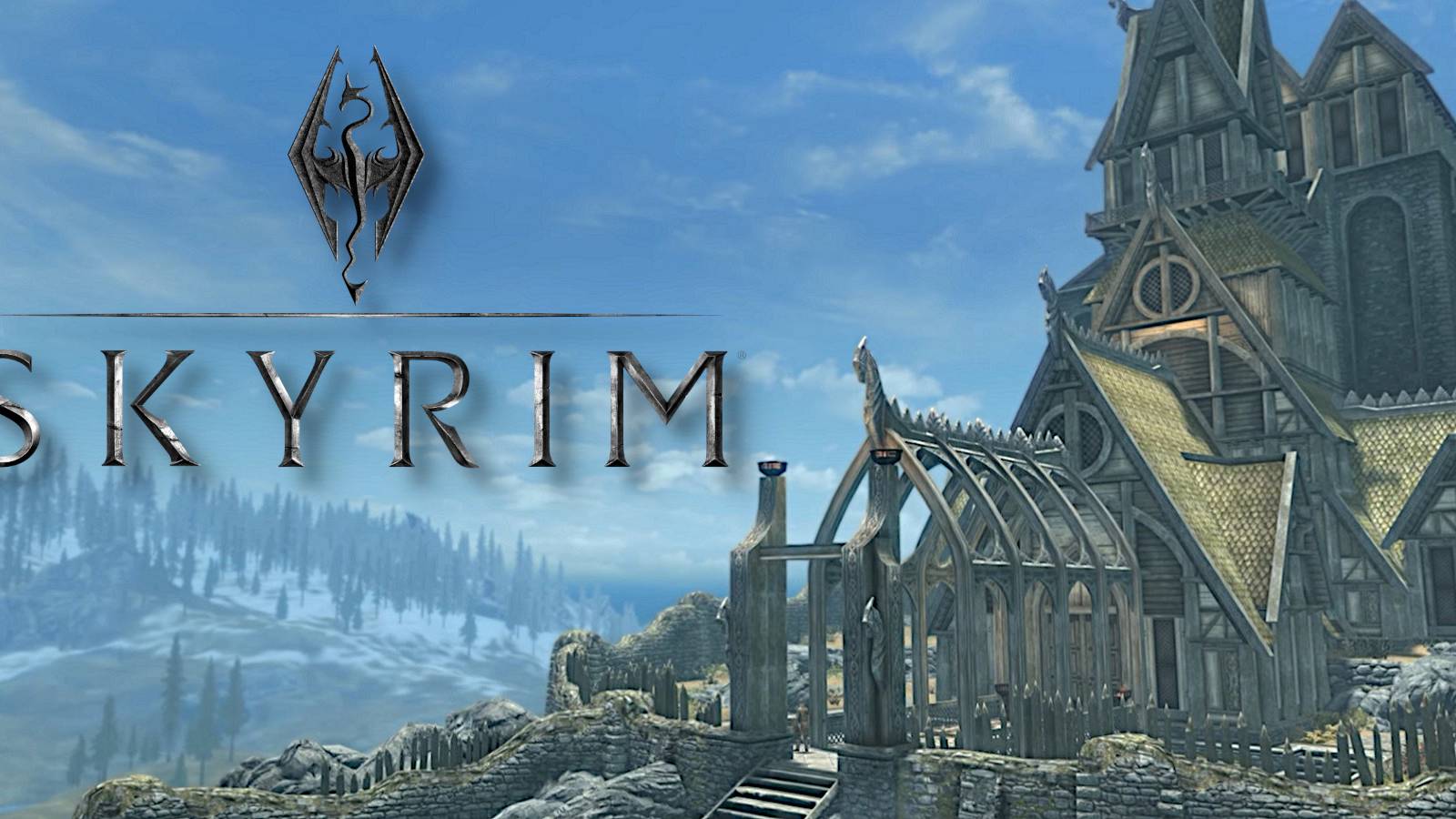 Image from Skyrim showing a wide shot of Dragonsreach situated in the city of Whiterun.