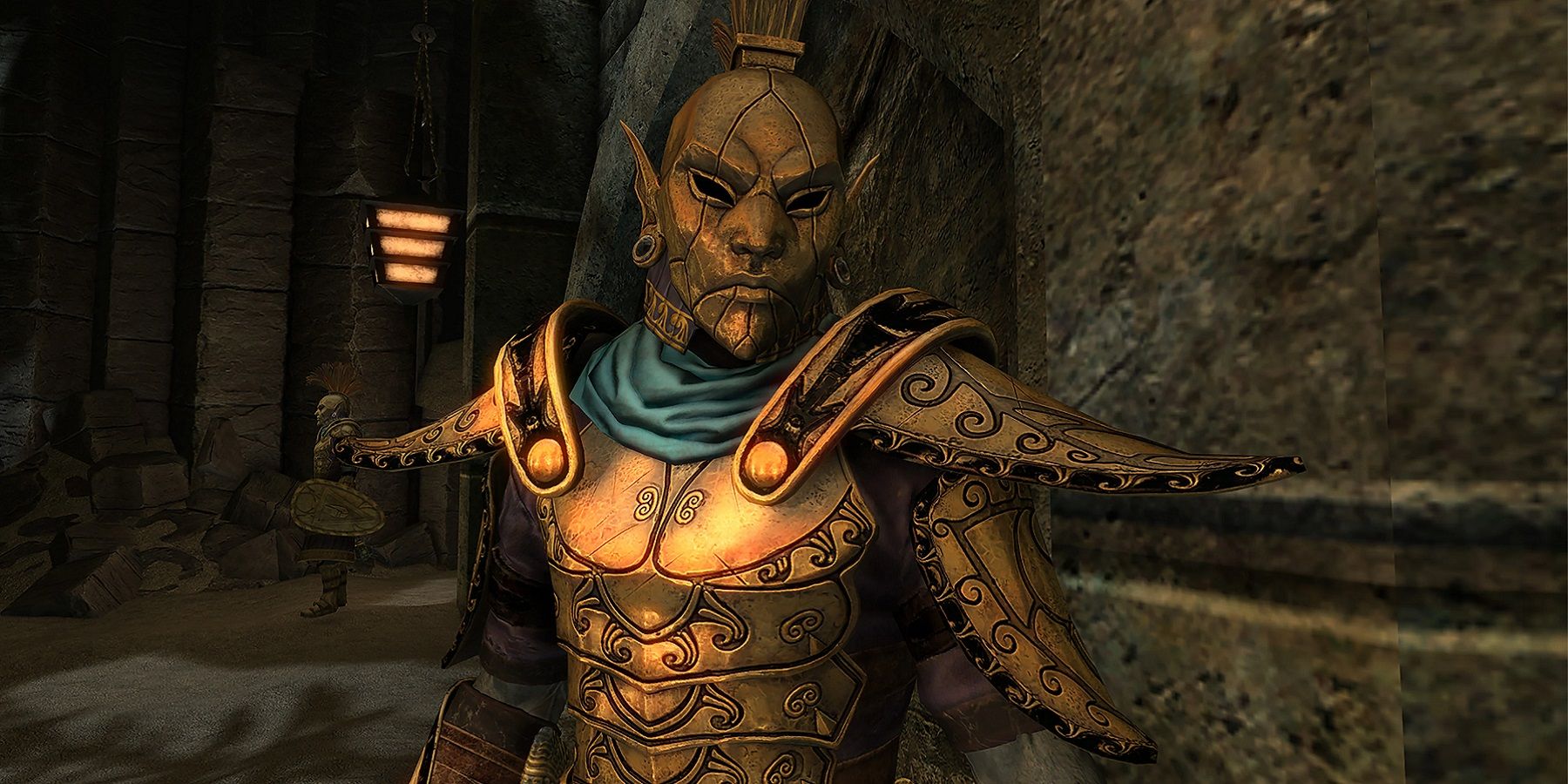Image from The Elder Scrolls 5: Skyrim showing a guard wearing Bonemold armor.
