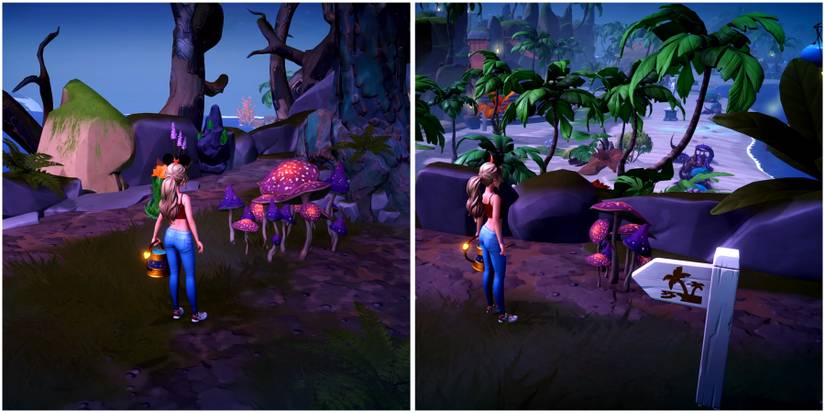 small and big groups of purple mushrooms in disney dreamlight valley