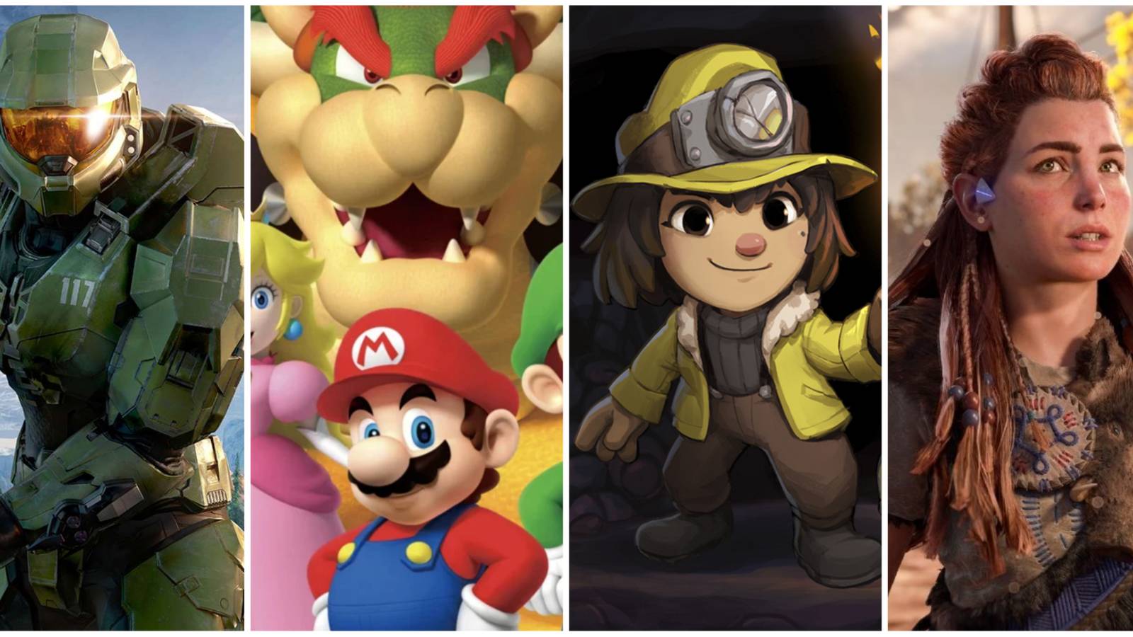 Split image featuring the Halo games' Master Chief, Mario, Bowser, Ana Spelunky and Aloy