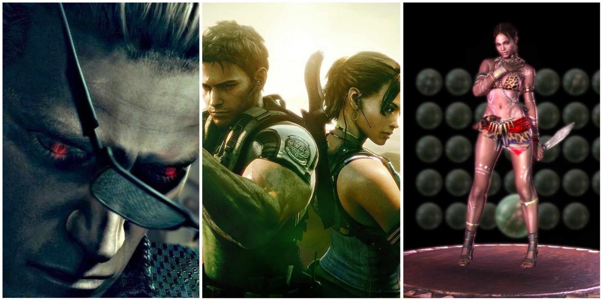 left to right: Albert Wesker, Chris Redfield, and Sheva Alomar in Tribal costume