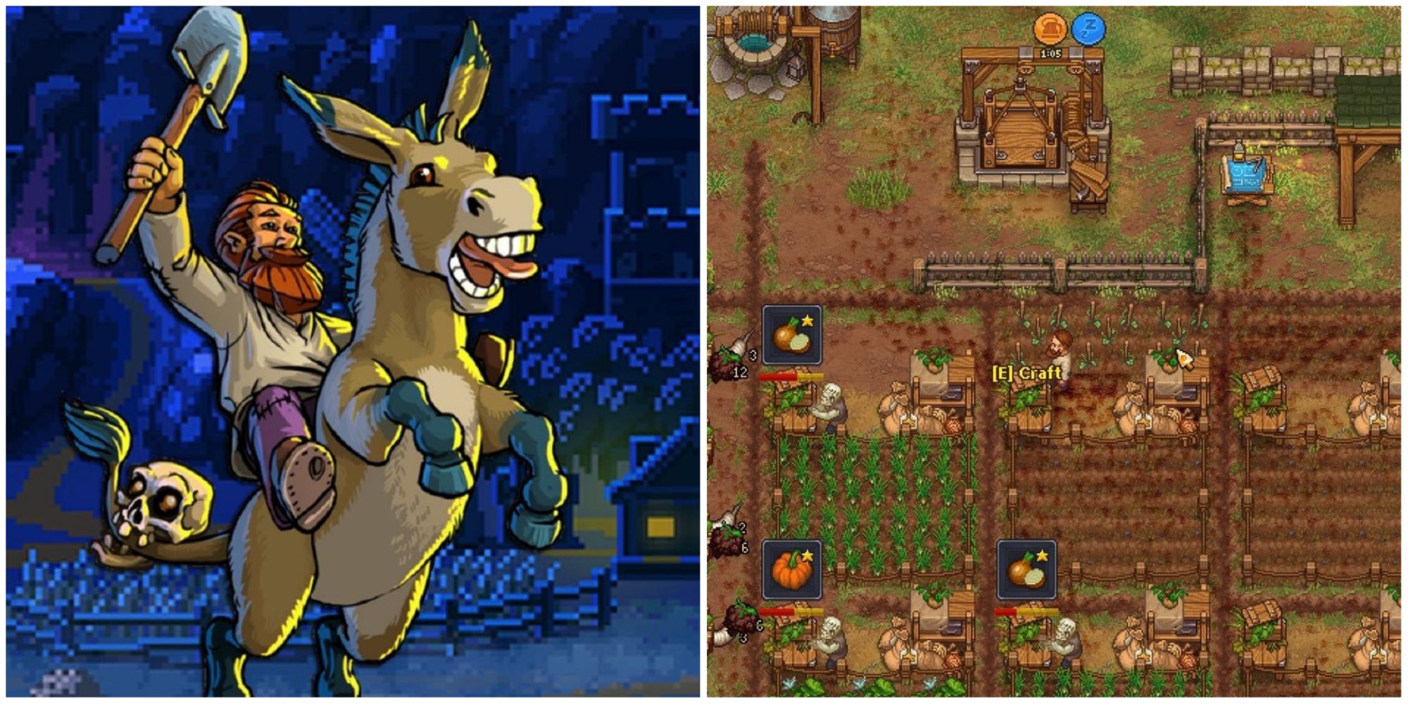 Graveyard Keeper split image with donkey and zombie farms
