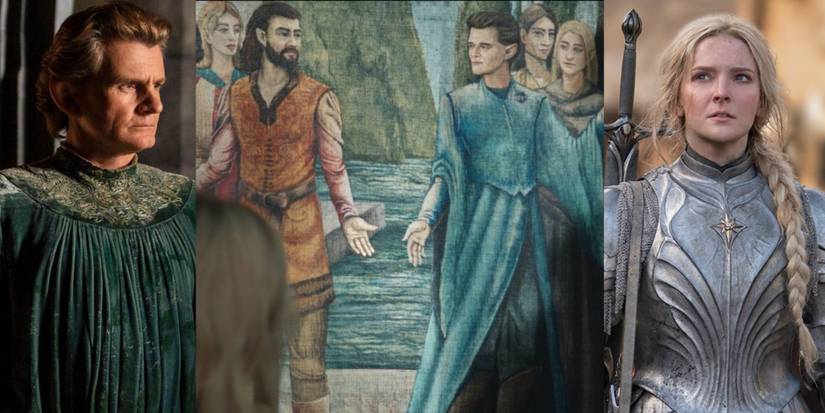 split image members of Galadriel's family Celembribor Elros and Elrond Galadriel in armor