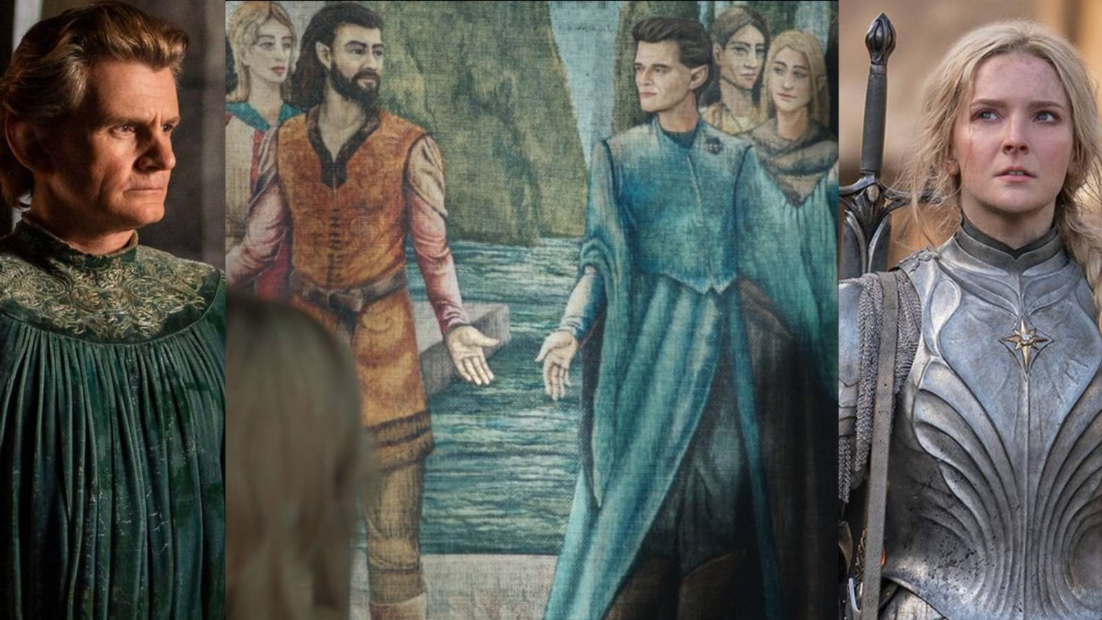 split image members of Galadriel's family Celembribor Elros and Elrond Galadriel in armor