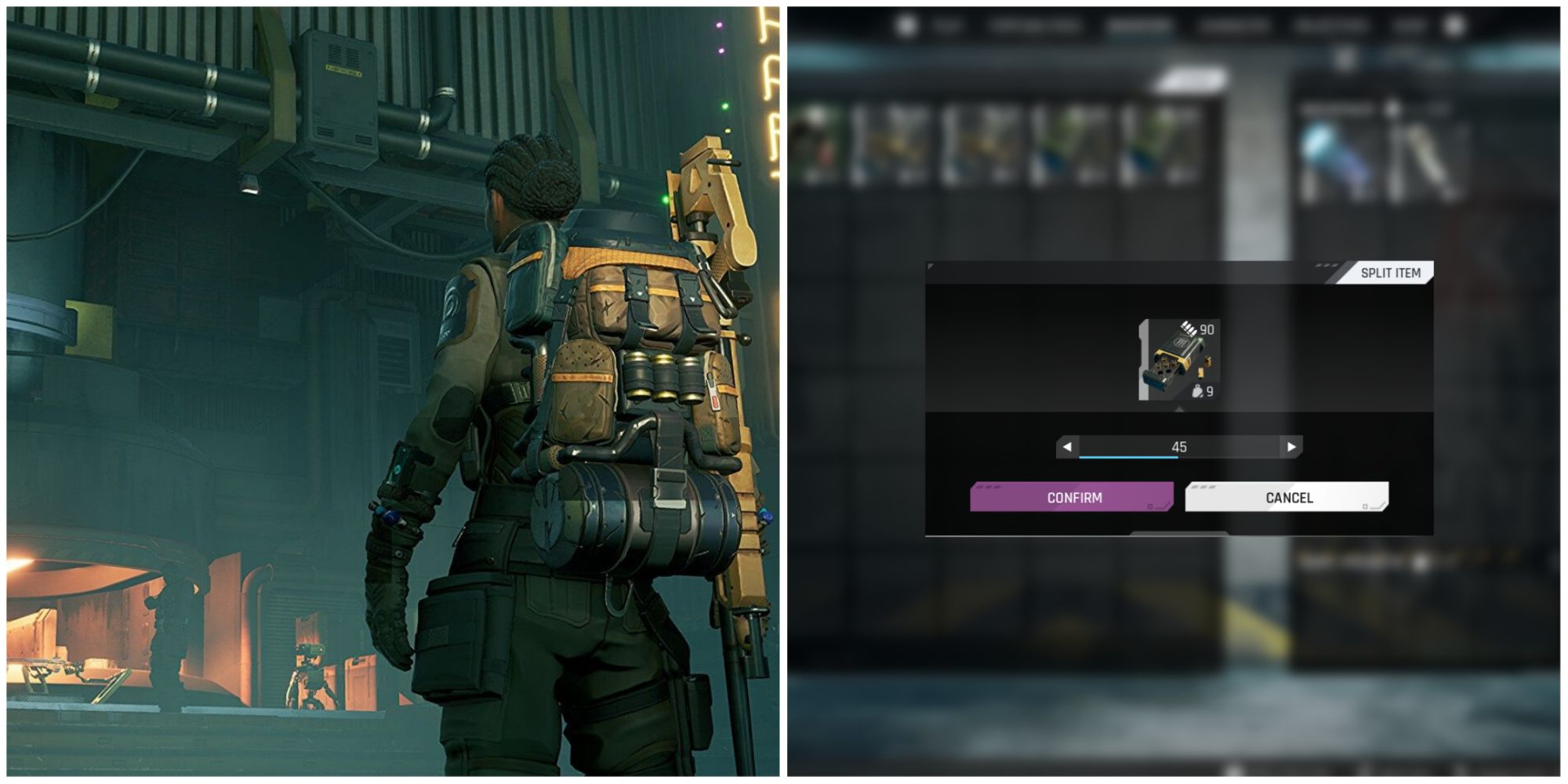 The Cycle Frontier split image with a player's backpack and the 'item splitting' screen