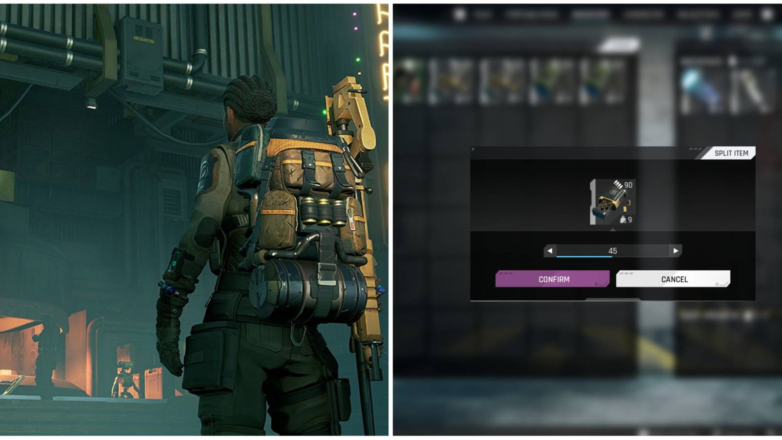 The Cycle Frontier split image with a player's backpack and the 'item splitting' screen