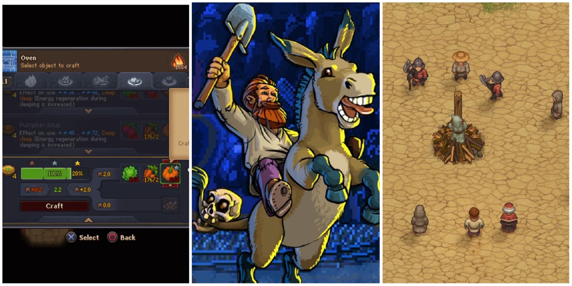 Graveyard Keeper split image with cooking menu, donkey, and witch burning