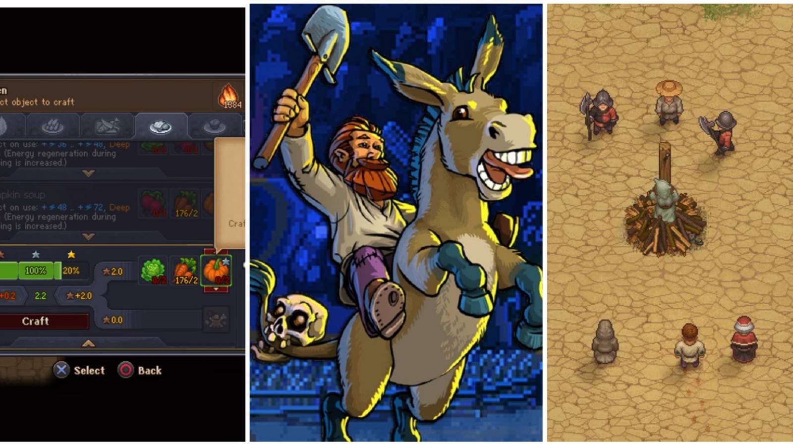 Graveyard Keeper split image with cooking menu, donkey, and witch burning